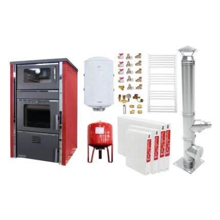 Pachet incalzire si apa calda 3 camere Termosemineu FORNELLO AVANOS 32 kw Bordeaux pe combustibil solid ( lemn, carbune, bricheti ), cos inox, boiler termoelectric 100l, vas expansiune, calorifere si kit montaj
