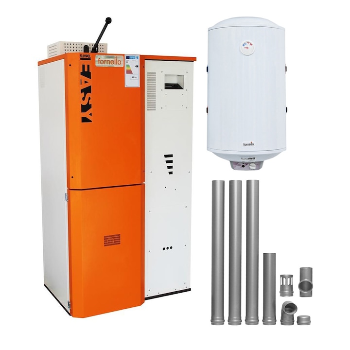 Pachet Centrala pe peleti Fornello Simpell Easy 40 kw, arzator din inox, pompa de circulatie, tiraj fortat, buncar 88 kg, Ecodesign A+,Boiler Termoelectric Fornello 100l, kit evacuare 100 mm, 3,5 metri si reductie 100 -120 mm