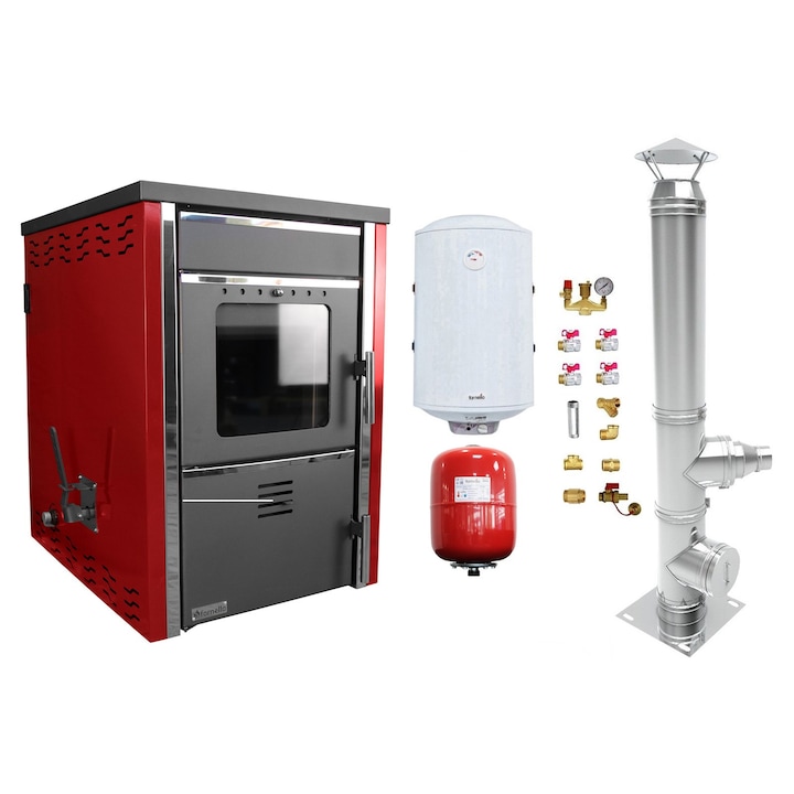 Pachet Termosemineu pe lemne FORNELLO TOROS 29 kw Bordeaux pe combustibil solid ( lemn, carbune, bricheti ), boiler termoelectric 100l, vas expansiune, kit montaj si cos inox