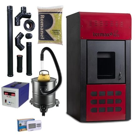 Pachet termosemineu pe peleti Termax Kamin ECO, 25 kW, cu agent termic, complet echipat, 160 mp, Bordo