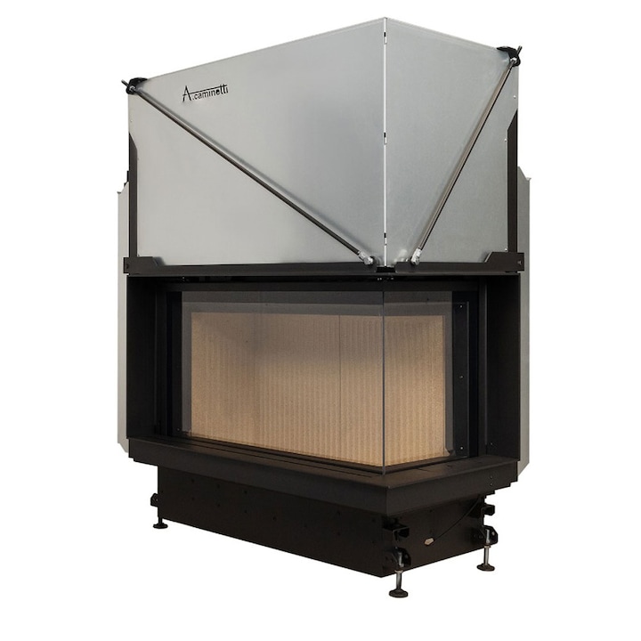 Focar semineu pe lemne / brichete model A-CAMINETTI QUATTRO 90 R PREMIUM, usa laterala pe dreapta, dimensiuni: 1442 (h) x 729 x 1274 mm, 2 laturi sticla, usa relevabila, 14, 8 kW putere maxima, incorporabil, randament 80%