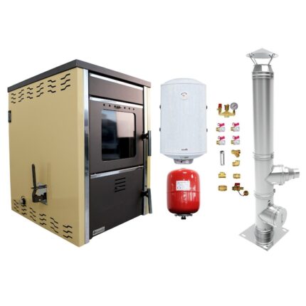 Pachet Termosemineu pe lemne FORNELLO TOROS 29 kw Ivory pe combustibil solid ( lemn, carbune, bricheti ), boiler termoelectric 100l, vas expansiune, kit montaj si cos inox