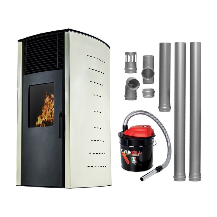 Pachet complet pentru incalzire Semineu (soba) pe peleti cu tiraj fortat Fornello Stela 10 KW, include ventilator aer cald, aprindere electrica, telecomanda, recomandat pentru 100 mp, Ivory, aspirator de cenusa si kit de evacuare 2,5 metri