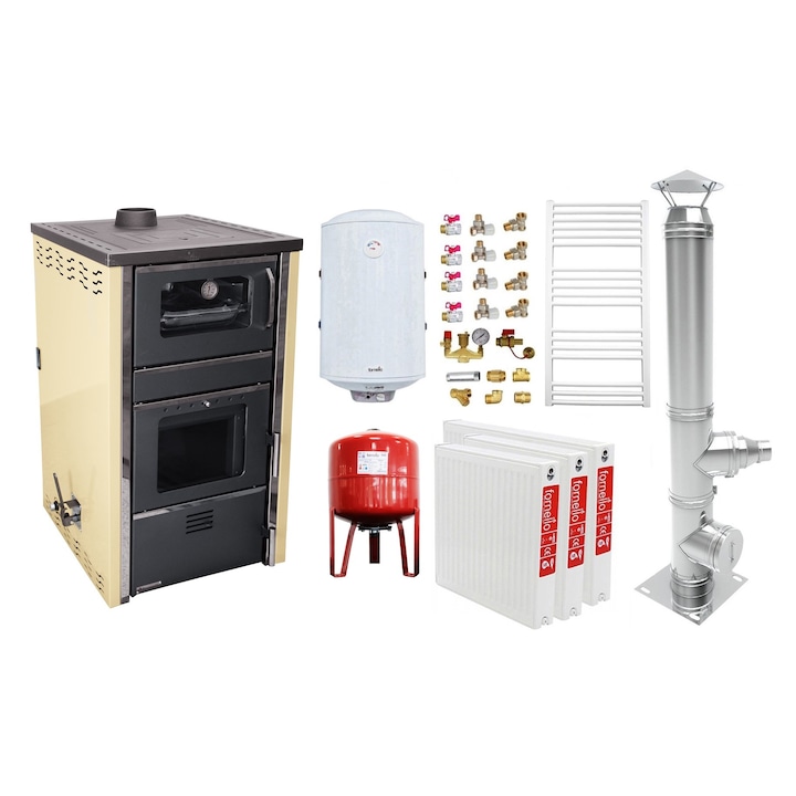 Pachet incalzire si apa calda 2 camere Termosemineu FORNELLO AVANOS 32 kw Ivory pe combustibil solid ( lemn, carbune, bricheti ), cos inox, boiler termoelectric 100l, vas expansiune, calorifere si kit montaj