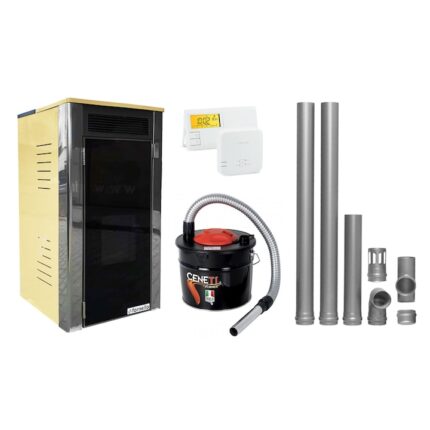 Termosemineu Fornello Primo Truva 25 kW Ivory, pompa de circulatie, vas de expansiune, supape de siguranta, curatare mecanica creuzet, Inclus si kit evacuare 2.5 ml, Termostat Radio Comanda si Aspirator Cenusa