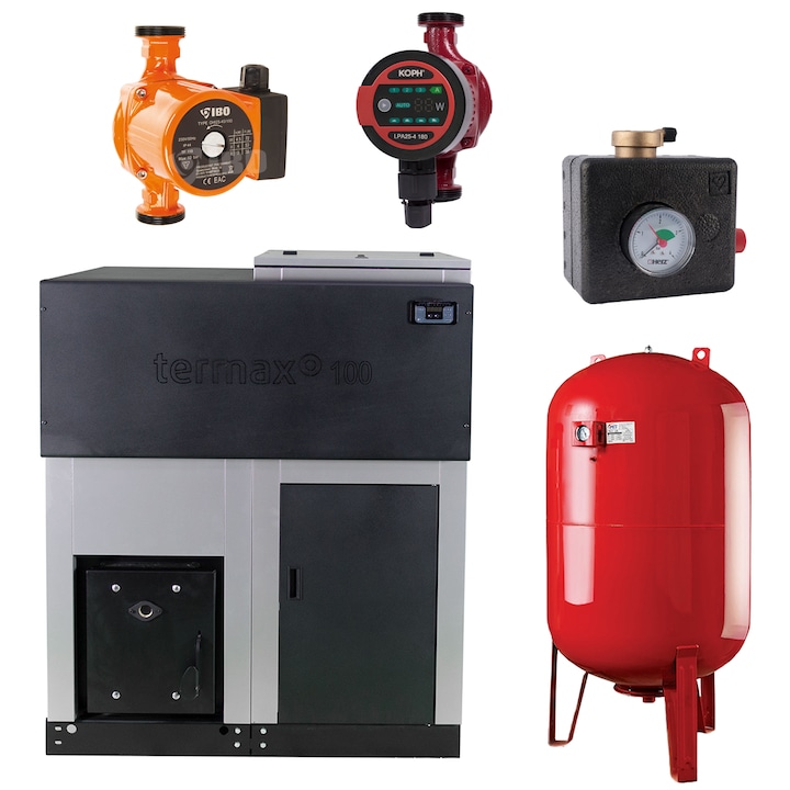 Pachet centrala cu peleti Termax ECO GRI 70 kW, vas expansiune 80 litri, pompe de recirculare, grup de siguranta Herz