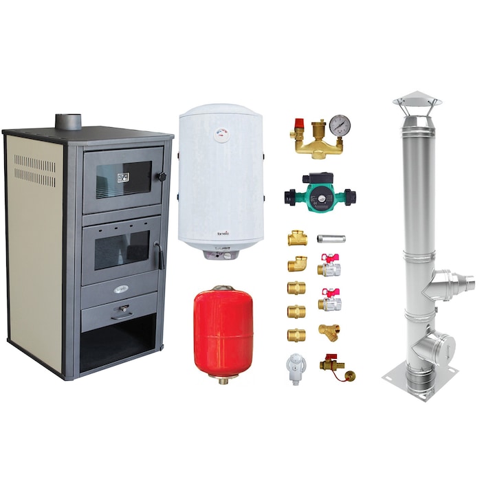 Pachet Termosemineu pe lemne, brichete si carbune Fornello BRM E, 24 KW, cuptor, Ivory, 450x490x1030 mm, cos inox, boiler termoelectric 100l, vas expansiune, pompa circulatie si kit montaj