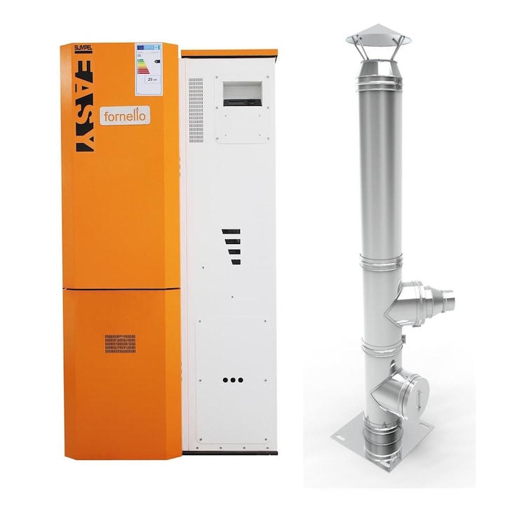 Pachet Centrala pe peleti Fornello Simpell Easy 25 kw, arzator inox, pompa de circulatie, tiraj fortat 80 mm, pompa electronica Grundfos, sistem curatare mecanica, A+, Cos inox 6 ml 120 mm