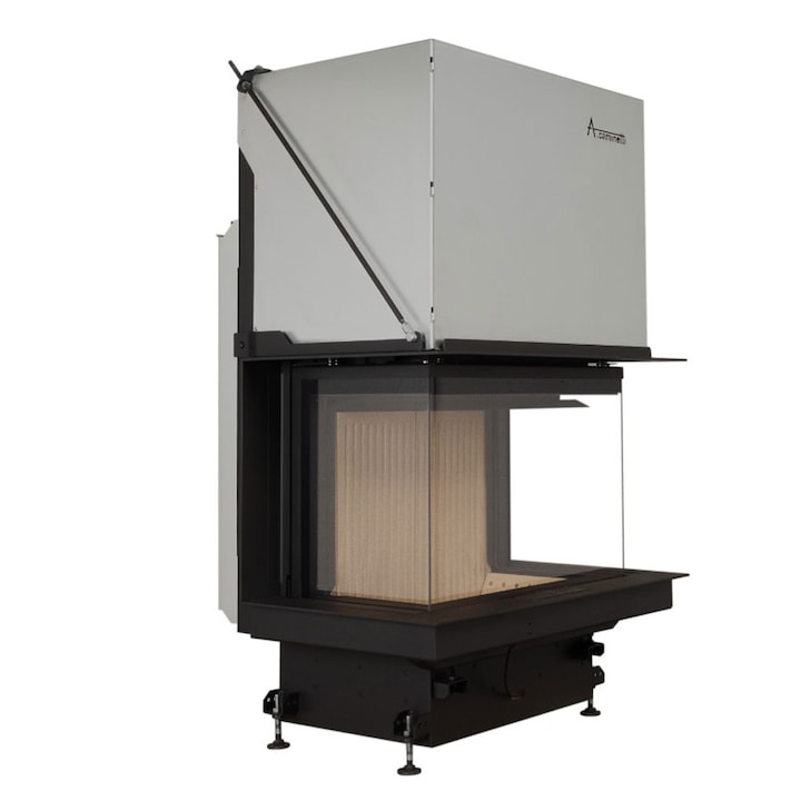 Focar semineu pe lemne / brichete model A-CAMINETTI CRYSTAL 90 PREMIUM, dimensiuni: 1442 (h) x 722 x 1063 mm, 3 laturi sticla, usa relevabila, 12, 5 kW putere maxima, incorporabil, randament 80%, Iesire de fum: Ø200 mm