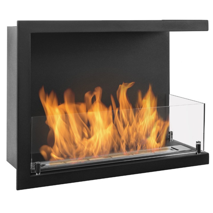 Semineu cu bioetanol Line-P 60 cm coltar cu doua sticla, deschis pe partea dreapta montat pe perete de 600 mm Negru