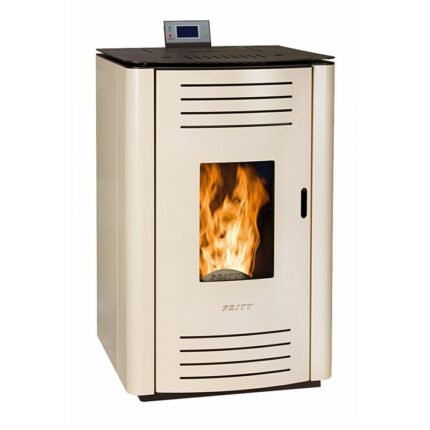 Termosemineu pe peleti, Prity PLW11, 13kW, pompa de circulatie, tiraj fortat, suprafata pana la 130 metri patrati, culoare Ivory