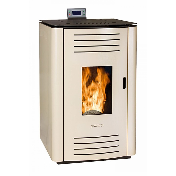 Termosemineu pe peleti, Prity PLW11, 13kW, pompa de circulatie, tiraj fortat, suprafata pana la 130 metri patrati, culoare Ivory