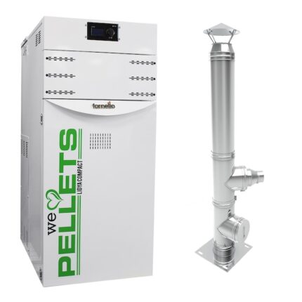 Pachet Centrala termica pe peleti Fornello Lidya Compact 25 kw, echipata cu pompa electronica Grundfos, vas expansiune, manometru, aerisitor, supapa, telecomanda, arzator inox, A+, Cos inox 6 ml 120 mm