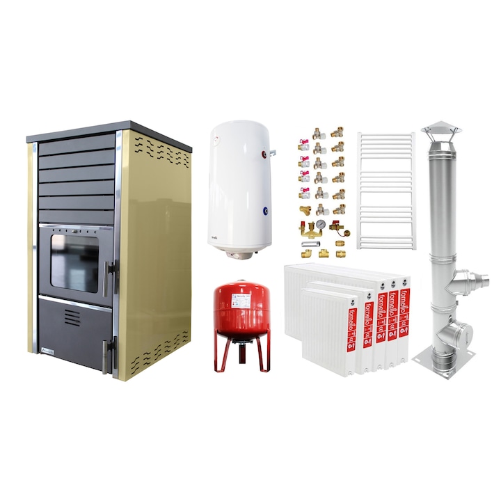 Pachet 4 camere Termosemineu Fornello Supernova 38 KW, pe lemn, calorifere, pompa de circulare, cos inox, boiler termoelectric 100l, vas expansiune si kit montaj