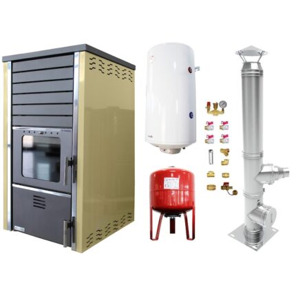 Pachet Termosemineu Fornello Supernova 38 KW, pe lemn, pompa de circulare, cos inox, boiler termoelectric 100l, vas expansiune si kit montaj
