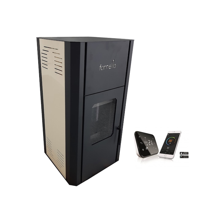 Pachet Termosemineu pe peleti Fornello Primo Pellet Wi-Fi 25 KW, aprindere automata, telecomanda, buncar, tiraj fortat, pompa circulatie, vas expansiune, touch screen, Ivory, A+ si termostat Wi-Fi Salus IT 500