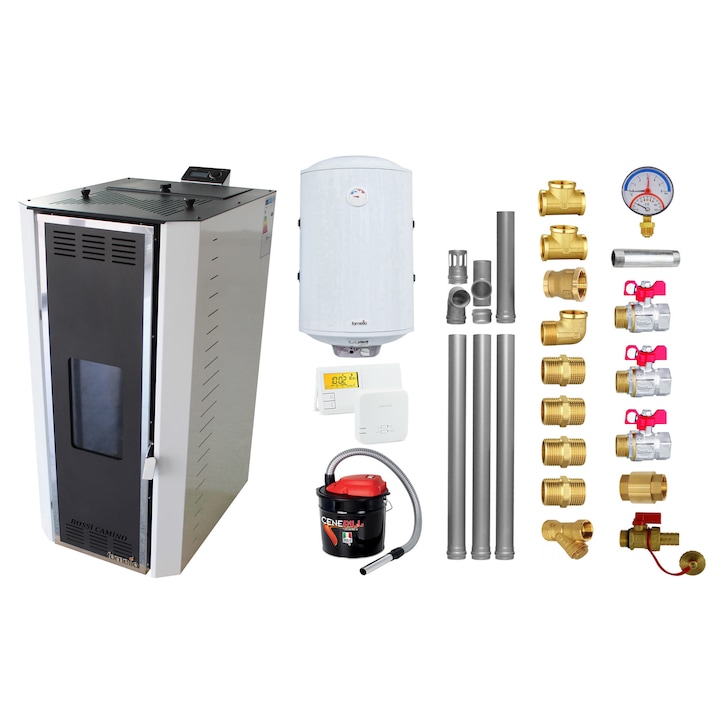 Pachet Termosemineu pe peleti Fornello Camino Rossi 25 kW, pompa Grundfos, vas expansiune, arzator inox, alb, A+, Kit evacuare 3.5 ml, Boiler Termoelectric Fornello 100 l, Termostat Salus, Aspirator, si Kit montaj