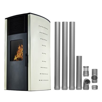 Pachet complet pentru incalzire Semineu (soba) pe peleti cu tiraj fortat Fornello Stela 10 KW, include ventilator aer cald, aprindere electrica, telecomanda, recomandat pentru 100 mp, Ivory, cu kit de evacuare 3,5 metri