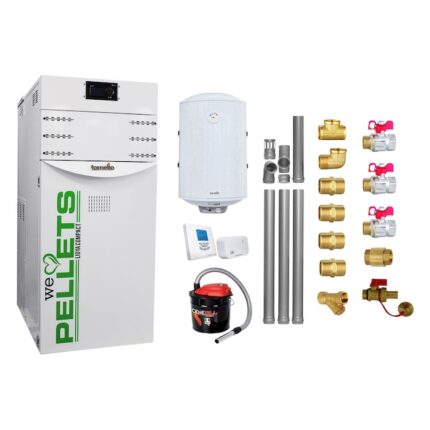 Pachet Centrala termica pe peleti Fornello Lidya Compact 25 kw, pompa Grundfos, arzator inox, curatare mecanica arzator si schimbator, A+, Kit evacuare 3.5 ml, Boiler Fornello 100 l, Termostat Salus T105 RF, Aspirator si Kit montaj
