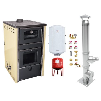 Pachet Termosemineu FORNELLO AVANOS 32 kw Ivory pe combustibil solid ( lemn, carbune, bricheti ), boiler termoelectric 100l, vas expansiune, kit montaj si cos inox