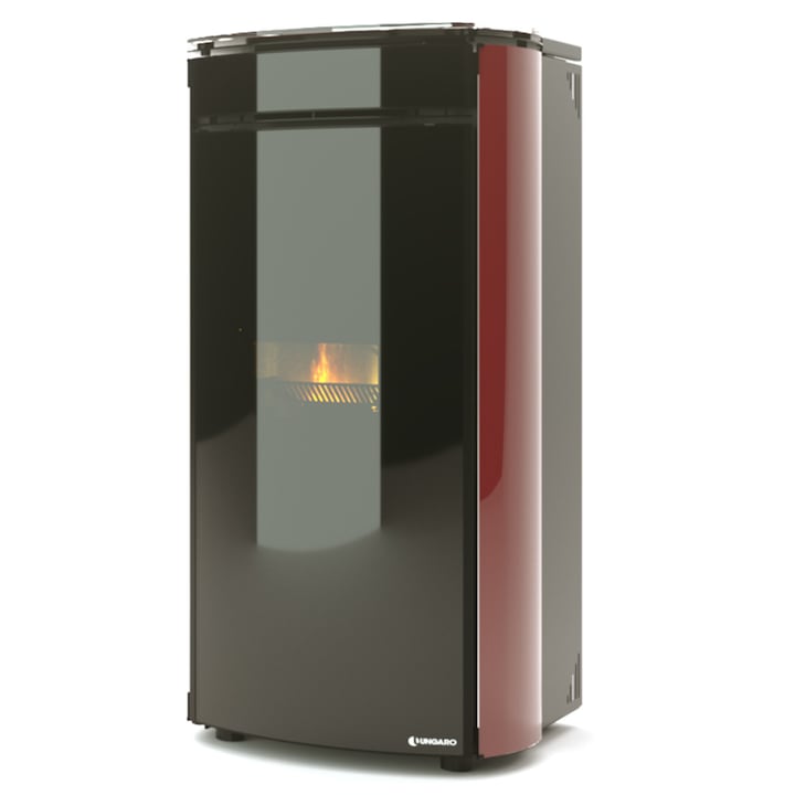 Termosemineu pe peleti F 5S GLASS, 24 Kw, imbracaminte din sticla special prelucrat si usa din cristal, se racorda la calorifere sau incalzire in pardosea, Clasa energetica A+, Clasa ambientala 5 stele, echipat complet, produs UNGARO