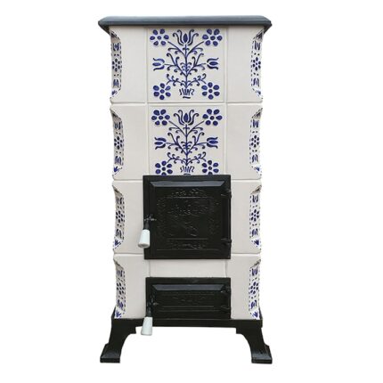 Soba teracota, Medias, portabila, model Sieben2, 6 kw, 44x44x114 cm, alb/albastru