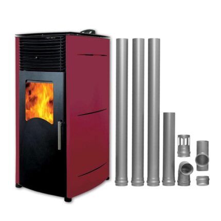 Pachet complet pentru incalzire Semineu (soba) pe peleti cu tiraj fortat Fornello Stela 10 KW, include ventilator aer cald, aprindere electrica, telecomanda, recomandat pentru 100 mp, Bordeaux, cu kit de evacuare 3,5 metri
