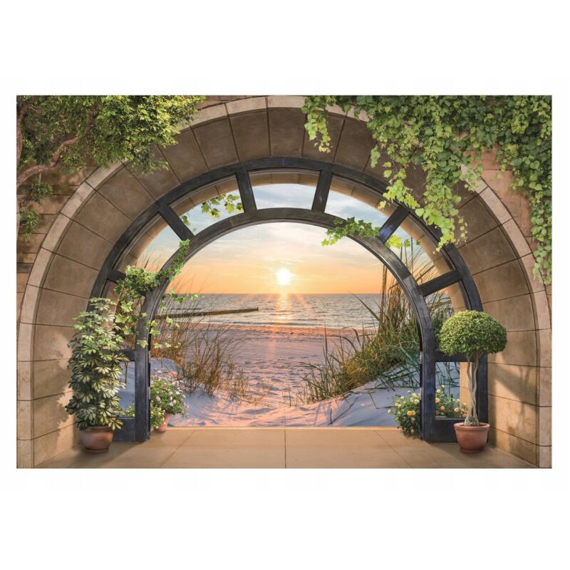 Fototapet 3D Plaja Mare Peisaj Fereastra Natura 312x219 cm, Modern Vlies Tapet, Pentru Dormitor Camera De Zi Living