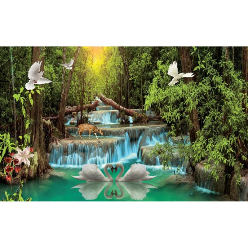 Fototapet autoadeziv PVC - Cascada Si Lebede In Padure, 100 x 150 cm
