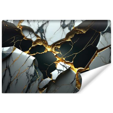 Fototapet efect de perete abstract din marmura, negru cu elemente aurii 400 cm x 280 cm pentru living