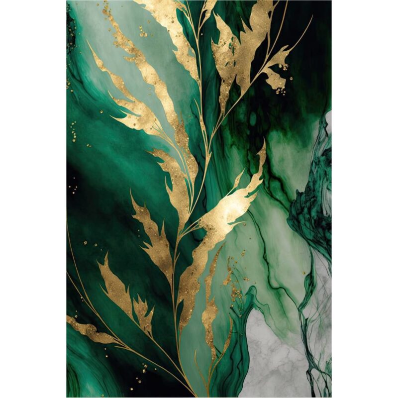 Fototapet autoadeziv PVC - Marmura Verde Si Frunze Aurii, 100 x 150 cm