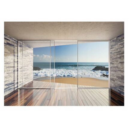 Fototapet 3D Fereastra Cer Plaja Mare Peisaj 368x254 cm, Modern Vlies Tapet, Pentru Dormitor Camera De Zi Living