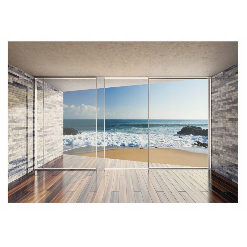 Fototapet 3D Fereastra Cer Plaja Mare Peisaj 368x254 cm, Modern Vlies Tapet, Pentru Dormitor Camera De Zi Living
