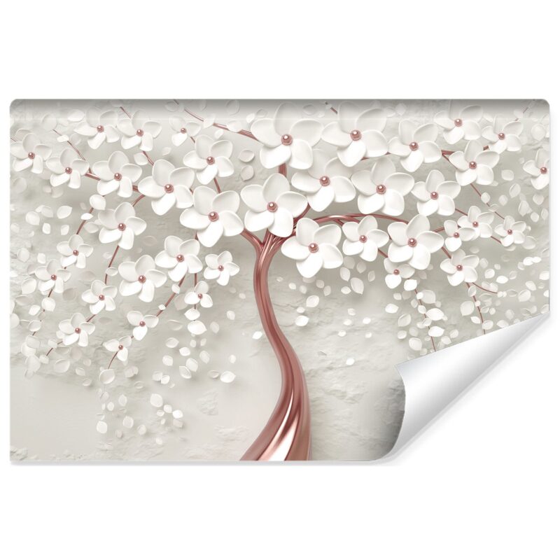 Fototapet Abstract Copac Roz Auriu Flori Albe 3D 368 x 254 cm Vlies, Design modern, Decorarea peretelui