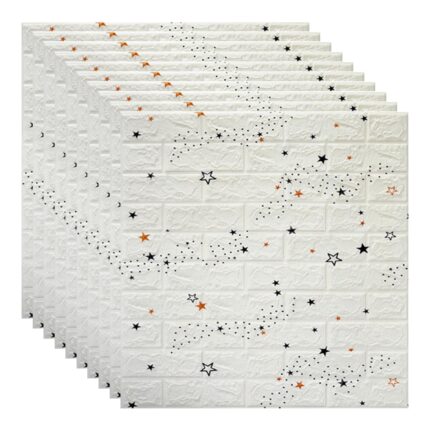 Set 10x Tapet 3D, autoadeziv/autocolant, spuma moale, design modern, pentru interior, usor de curatat, rezistent la apa, dimensiuni 70 cm x 70 cm x 0,3 cm, design stelute, Alb, Selling Depot