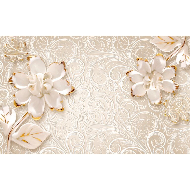 Fototapet 3D flori crem auriu, Autocolant PVC 200 x 300 cm