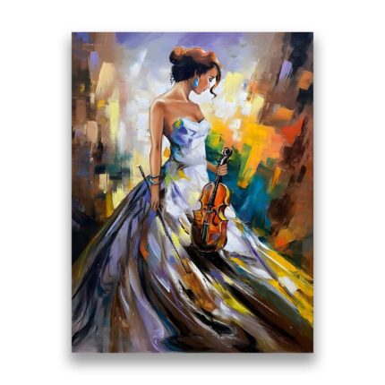 Tablou Canvas Premium, LuxCanva® A1306, Fata Cu Vioara, 75 X 100 CM, Panza Bumbac 100% 400g/m2, Sasiu Lemn, Living, Femeie, Frumusete, Eleganta, Instrument Muzical, Dormitor, Culori Vibrante