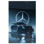 Tablou Canvas Automobil Sport Mercedes Negru Stralucitor cu Farurile Aprinse Puternice, Love for Mercedes, Pictura Digitala 70x50CM
