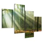Set Tablou 4 Piese PADURE Razele Soarelui 3D 120cm x 75cm Peisaj, Creative decor, Decor, Panza pe cadru de lemn, Decoratiuni Moderne pentru Casa