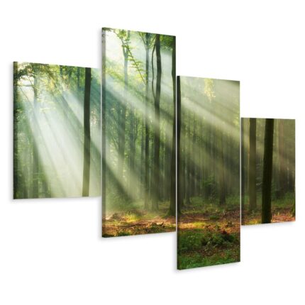 Set Tablou 4 Piese PADURE Razele Soarelui 3D 120cm x 75cm Peisaj, Creative decor, Decor, Panza pe cadru de lemn, Decoratiuni Moderne pentru Casa