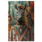 Tablou Canvas Portret de Zebra la costum elegant - Fundal cu cladiri colorate desenate pe un perete, Pictura Digitala 40x25CM