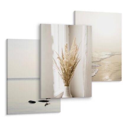 Set 3 Tablouri Decorative Peisaj cu plaja si mare, Boho Grass, Pescarus de mare 90x40cm: 3 piese 30x40cm