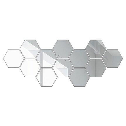 Set 12 Oglinzi Acrilice Autoadezive Decorative SIKS De Perete, 3D, Forma Oglinda Hexagon, Diametru 20 cm, Argintiu