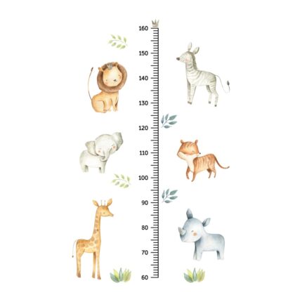 Sticker decorativ Fantasy, rigla masurare inaltime copii, animale si frunze, non-toxic, 60-160cm