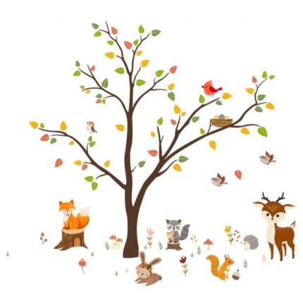 Sticker Decorativ Autocolant, Pasari si animale in padure, pentru camera copiilor 118 x 108 cm, multicolor