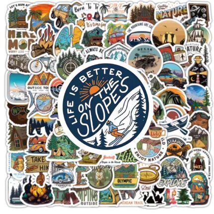 Set 100 Stickere Decorative, Tematica Camping si Calatorii, Rezistente la Apa, Multicolor, Aplicare Universala