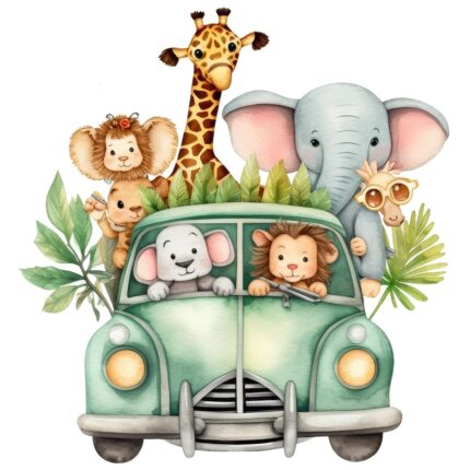 Sticker cu multe animale salbatice care se plimba cu o masina, leu, elefant, girafa, ilustratie, vacanta, concediu, plecare, cu Margini Albe, PVC Vinyl 10 cm