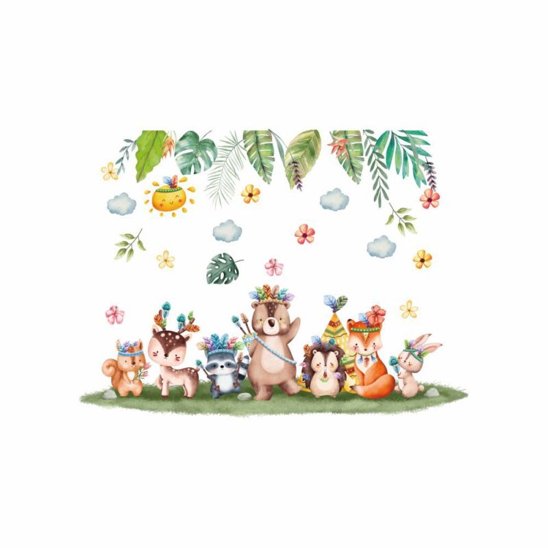 Sticker Autocolant Perete Copii, Animalele Incoronate, Flori, Frunze, 88x65 cm, Aida HER®