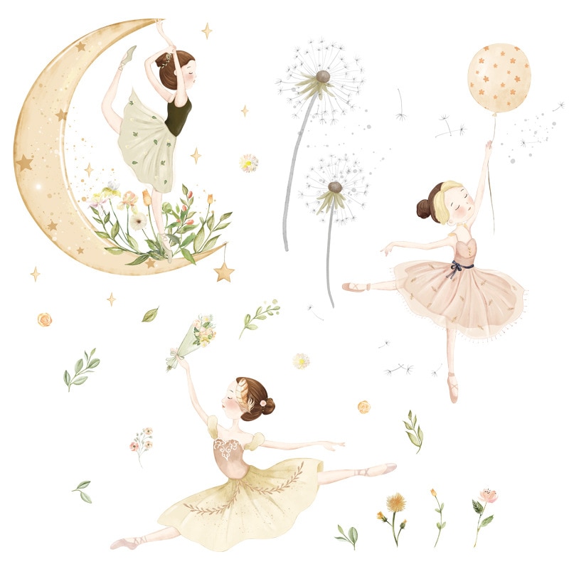 Sticker Autocolant Perete Copii, Balerine, Flori, Luna si Balon, 90x100 cm, Aida HER®