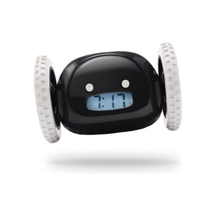 Ceas desteptator intelligent, Negru, compact, din plastic, cu roti care se misca si se rostogoleste, pentru cei ce dorm profund, alarma puternica